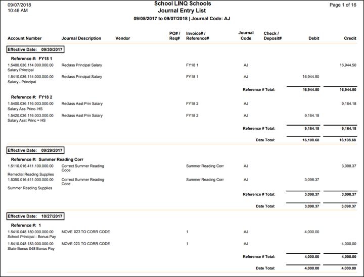 sample journal entry list report